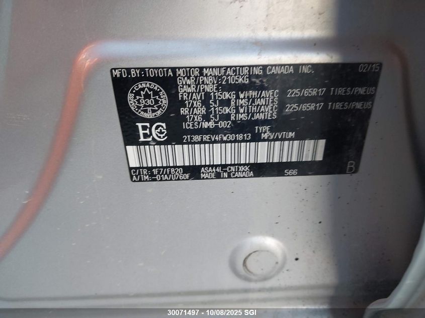 2015 Toyota Rav4 Le VIN: 2T3BFREV4FW301813 Lot: 30071497