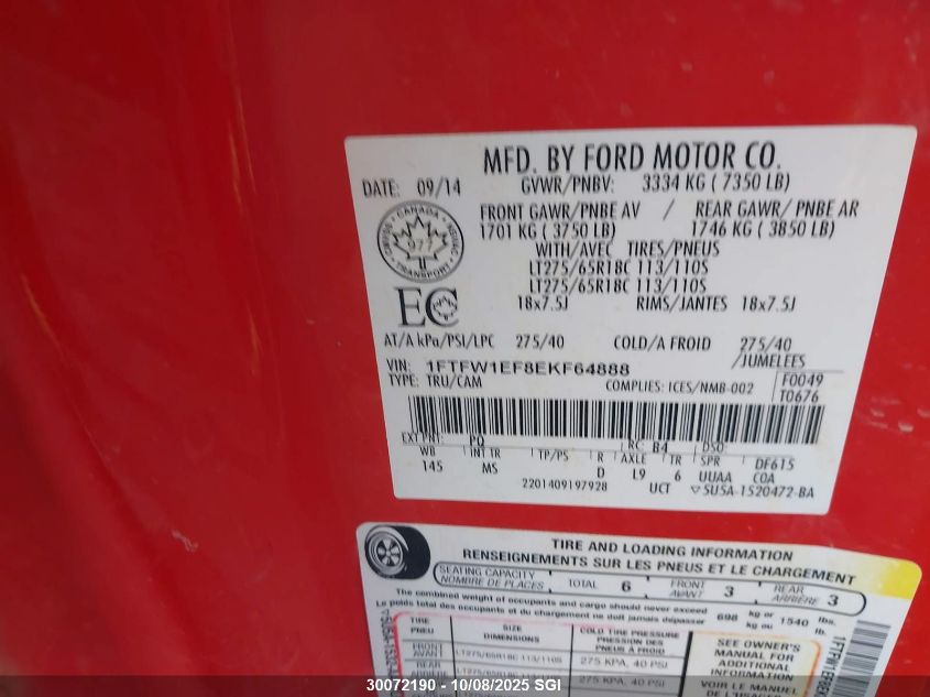 2014 Ford F150 Supercrew VIN: 1FTFW1EF8EKF64888 Lot: 30072190