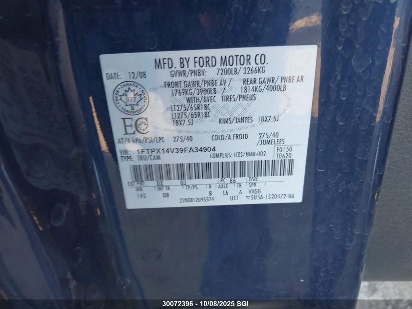 2009 Ford F150 Super Cab VIN: 1FTPX14V39FA34904 Lot: 30072396