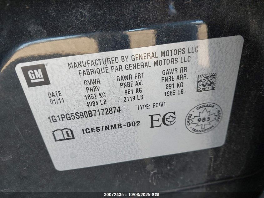 2011 Chevrolet Cruze Lt VIN: 1G1PG5S90B7172874 Lot: 30072435