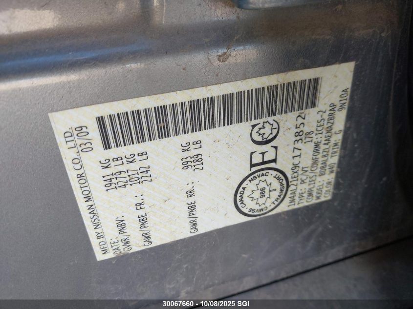 2009 Nissan Altima 2.5/2.5S VIN: 1N4AL21EX9C173852 Lot: 30067660