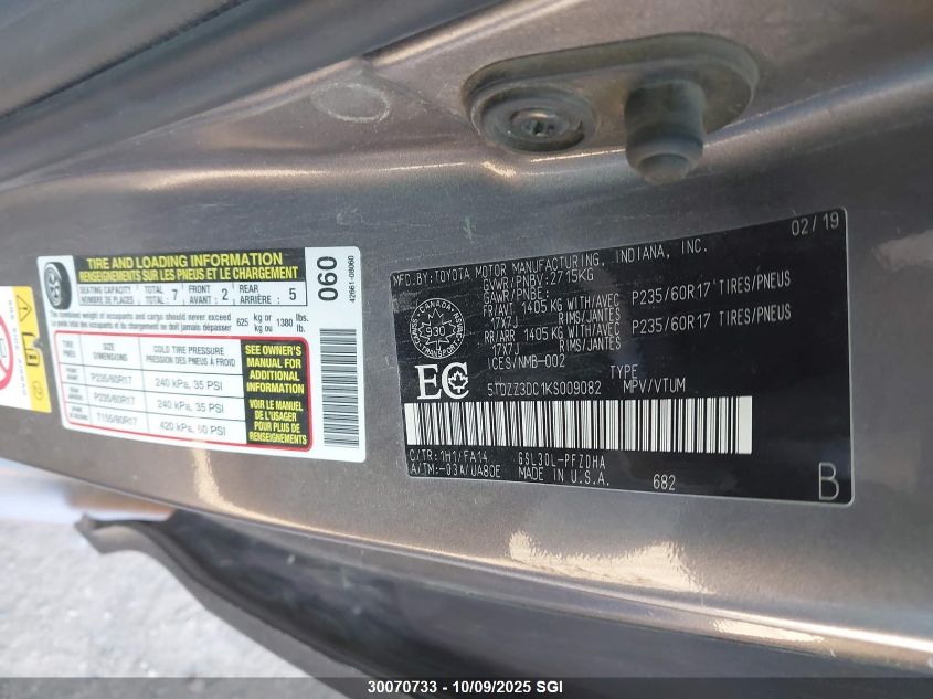 2019 Toyota Sienna VIN: 5TDZZ3DC1KS009082 Lot: 30070733