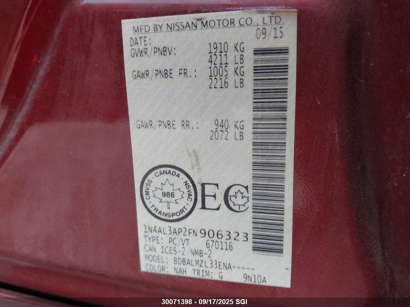 2015 Nissan Altima 2.5/S/Sv/Sl VIN: 1N4AL3AP2FN906323 Lot: 30071398