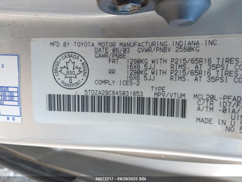 2004 Toyota Sienna Ce VIN: 5TDZA29C84S031853 Lot: 30072217