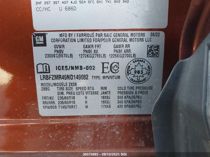 2022 Buick Envision Preferred VIN: LRBFZMR49ND149082 Lot: 30070882