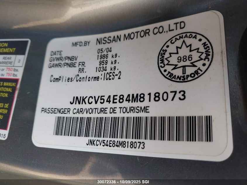 2004 Infiniti G35 VIN: JNKCV54E84M818073 Lot: 30072336