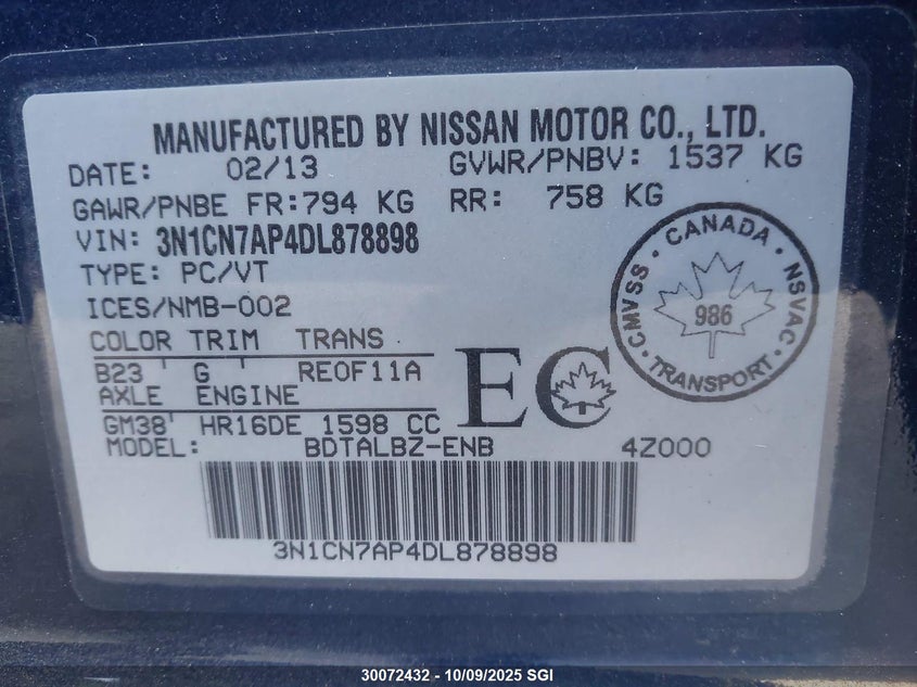 2013 Nissan Versa 1.6 S/1.6 Sl/1.6 Sv VIN: 3N1CN7AP4DL878898 Lot: 30072432