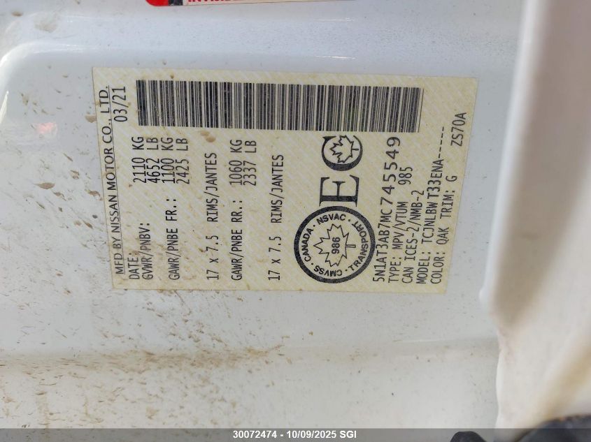 2021 Nissan Rogue S VIN: 5N1AT3AB7MC745549 Lot: 30072474