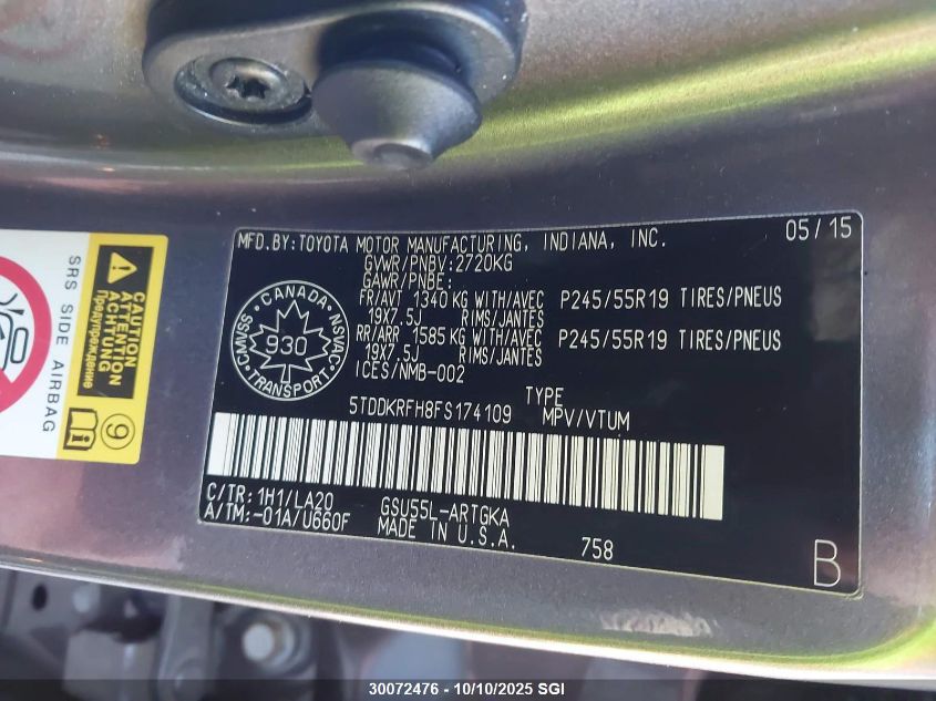 2015 Toyota Highlander Limited/Ltd Platinum VIN: 5TDDKRFH8FS174109 Lot: 30072476