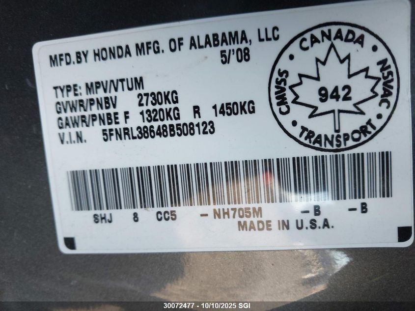 2008 Honda Odyssey Exl VIN: 5FNRL38648B508123 Lot: 30072477