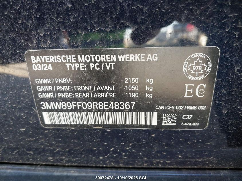 2024 BMW 330Xi VIN: 3MW89FF09R8E48367 Lot: 30072478