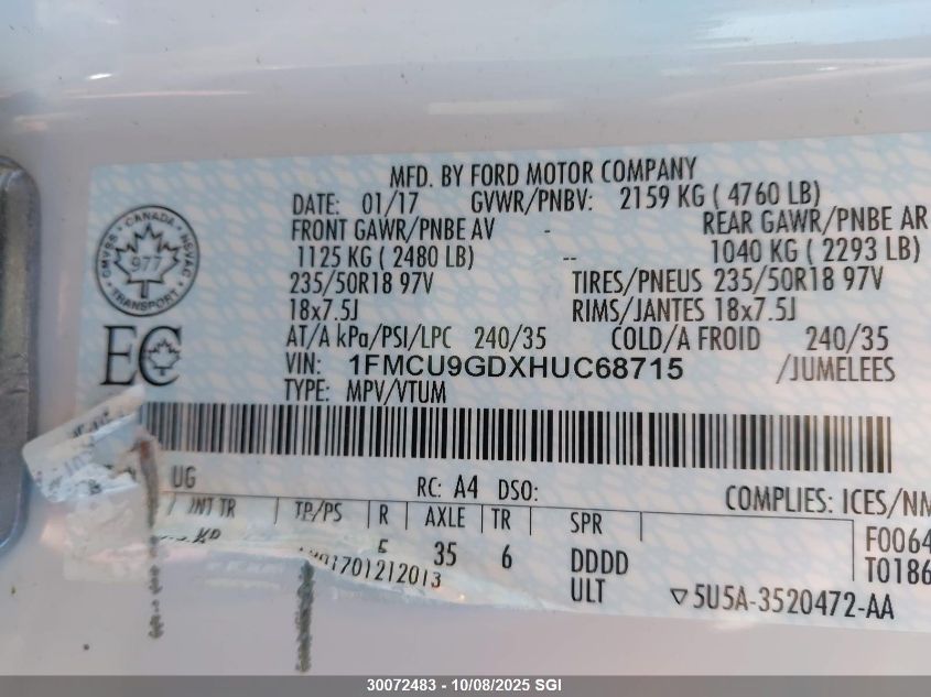 2017 Ford Escape Se VIN: 1FMCU9GDXHUC68715 Lot: 30072483