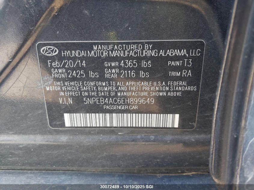 2014 Hyundai Sonata Gls VIN: 5NPEB4AC6EH899649 Lot: 30072489