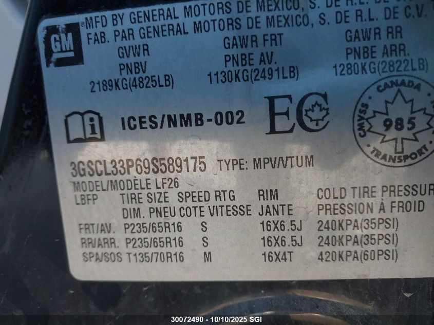 2009 Saturn Vue Xe VIN: 3GSCL33P69S589175 Lot: 30072490