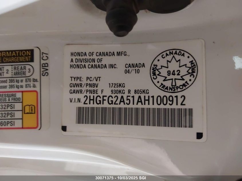 2010 Honda Civic Si VIN: 2HGFG2A51AH100912 Lot: 30071375