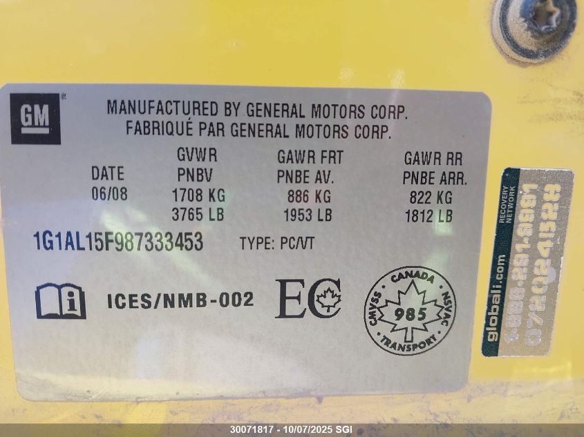 2008 Chevrolet Cobalt Lt VIN: 1G1AL15F987333453 Lot: 30071817