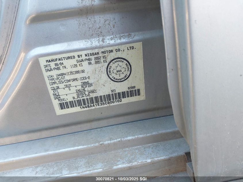 2005 Nissan Maxima Se/Sl VIN: 1N4BA41E35C800102 Lot: 30070821