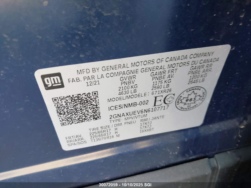 2022 Chevrolet Equinox Lt VIN: 2GNAXUEV6N6107717 Lot: 30072059