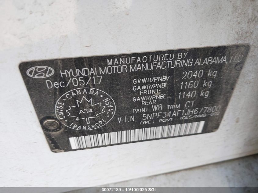 2018 Hyundai Sonata Sport/Limited/Sel VIN: 5NPE34AF1JH677800 Lot: 30072189