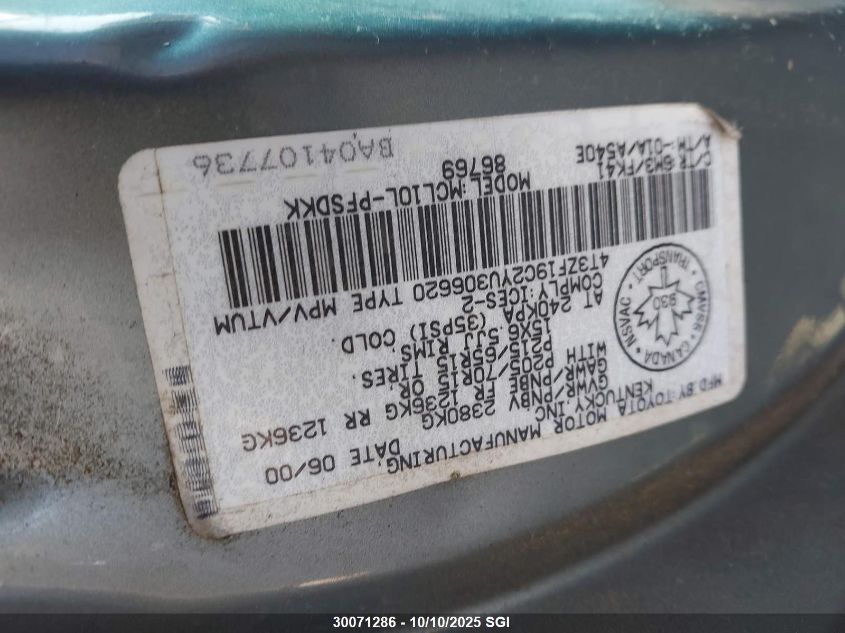 2000 Toyota Sienna Ce VIN: 4T3ZF19C2YU306620 Lot: 30071286