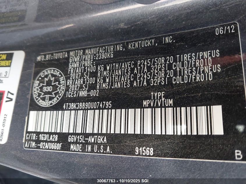 2013 Toyota Venza Le/Xle/Limited VIN: 4T3BK3BB9DU074795 Lot: 30067763