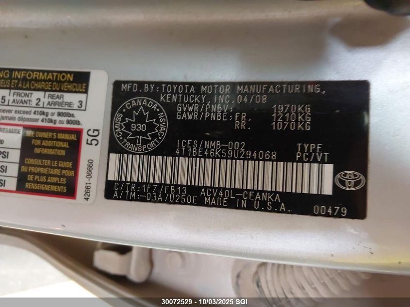 2009 Toyota Camry Se/Le/Xle VIN: 4T1BE46K59U294068 Lot: 30072529