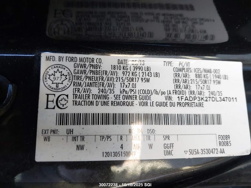 2013 Ford Focus Se VIN: 1FADP3K27DL347011 Lot: 30072238