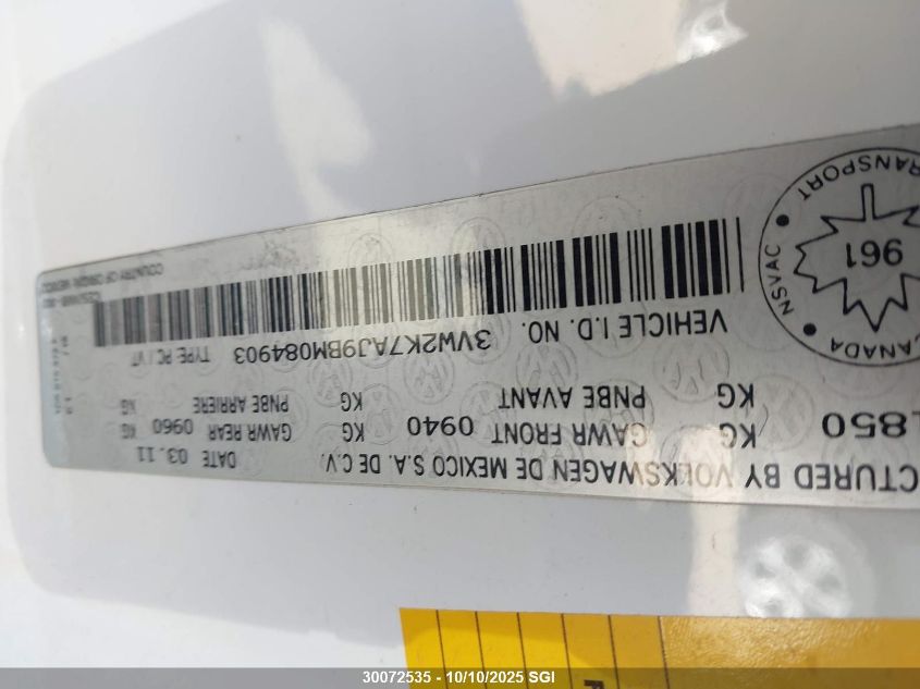 2011 Volkswagen Jetta S VIN: 3VW2K7AJ9BM084903 Lot: 30072535