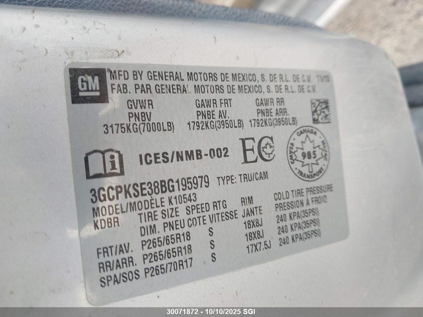 2011 Chevrolet Silverado K1500 Lt VIN: 3GCPKSE38BG195979 Lot: 30071872