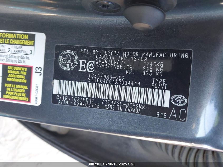 2010 Toyota Corolla S/Le/Xle VIN: 2T1BU4EE1AC334411 Lot: 30071861