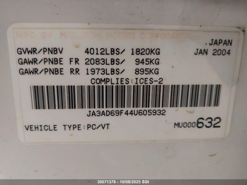 2004 Mitsubishi Lancer Ralliart VIN: JA3AD69F44U605932 Lot: 30071378