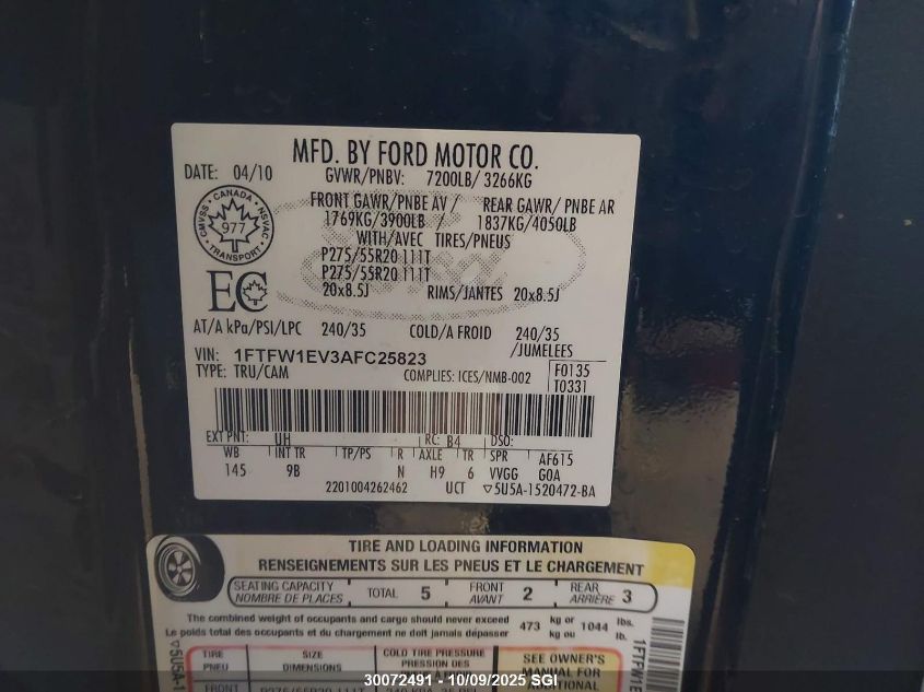 2010 Ford F150 Supercrew VIN: 1FTFW1EV3AFC25823 Lot: 30072491