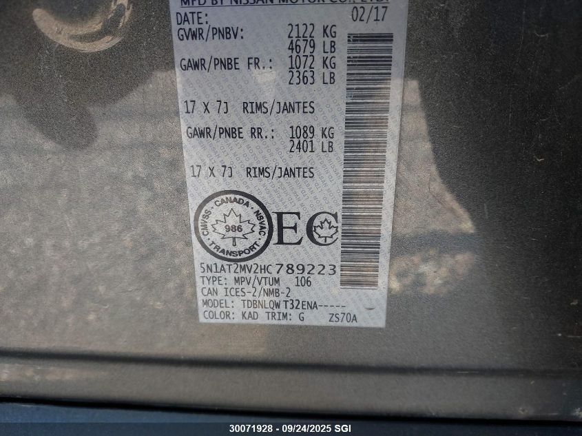 2017 Nissan Rogue Sv/Sl VIN: 5N1AT2MV2HC789223 Lot: 30071928