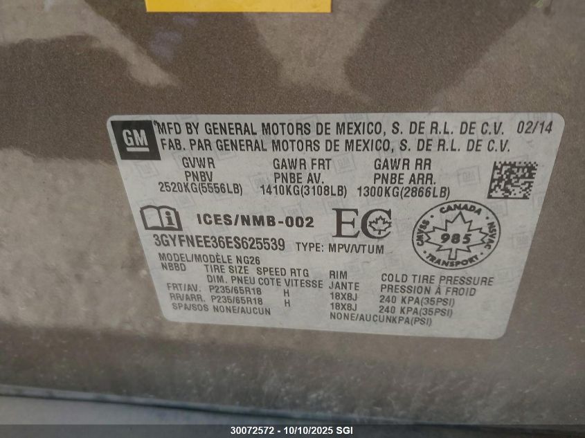 2014 Cadillac Srx Luxury Collection VIN: 3GYFNEE36ES625539 Lot: 30072572