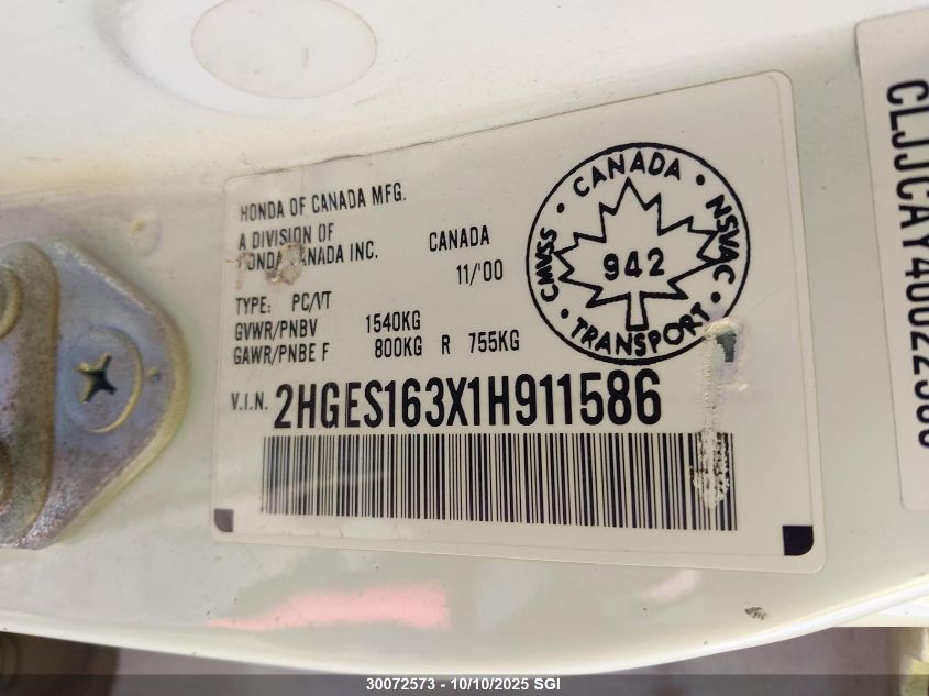 2001 Honda Civic Dx VIN: 2HGES163X1H911586 Lot: 30072573