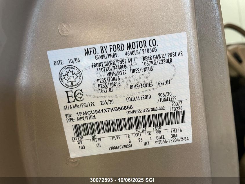 2007 Ford Escape Limited VIN: 1FMCU941X7KB56856 Lot: 30072593