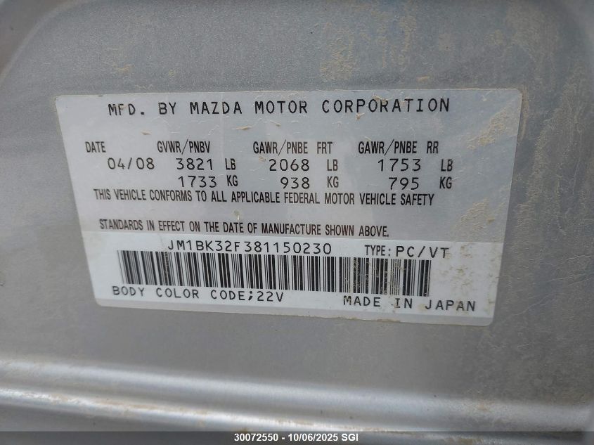 2008 Mazda 3 I VIN: JM1BK32F381150230 Lot: 30072550