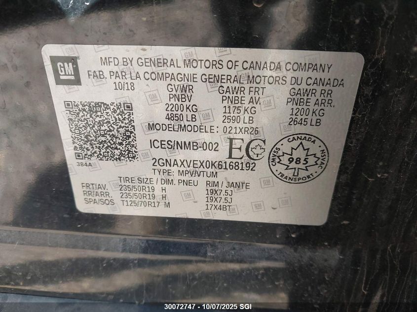 2019 Chevrolet Equinox Lt VIN: 2GNAXVEX0K6168192 Lot: 30072747