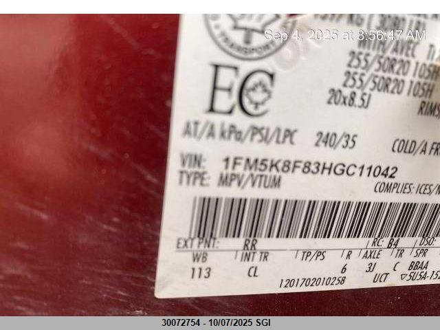 2017 Ford Explorer Limited VIN: 1FM5K8F83HGC11042 Lot: 30072754