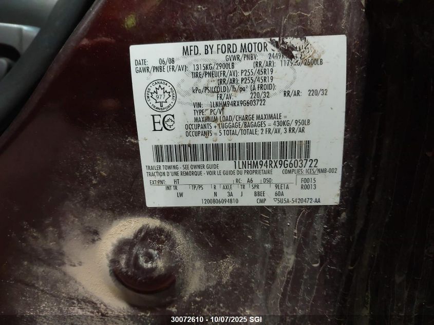 2009 Lincoln Mks VIN: 1LNHM94RX9G603722 Lot: 30072610