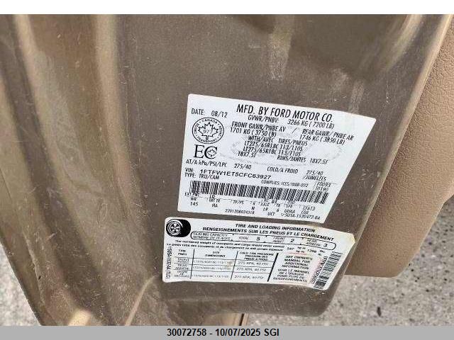 2012 Ford F150 Supercrew VIN: 1FTFW1ET5CFC63927 Lot: 30072758