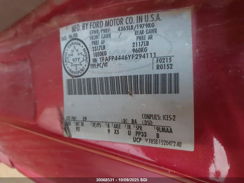 2000 Ford Mustang VIN: 1FAFP4446YF294111 Lot: 30068531