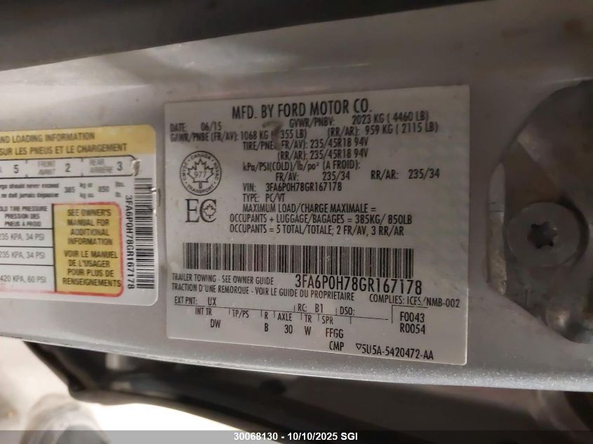 2016 Ford Fusion Se VIN: 3FA6P0H78GR167178 Lot: 30068130