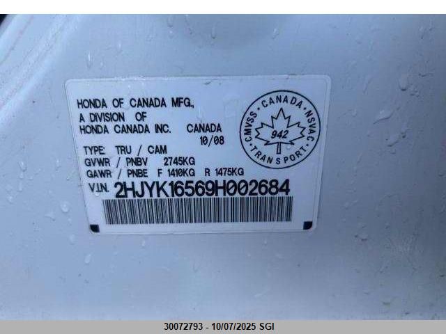 2009 Honda Ridgeline Rtl VIN: 2HJYK16569H002684 Lot: 30072793
