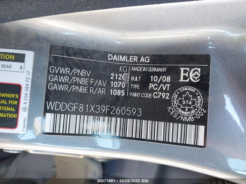 2009 Mercedes-Benz C 300 4Matic VIN: WDDGF81X39F260593 Lot: 30071981
