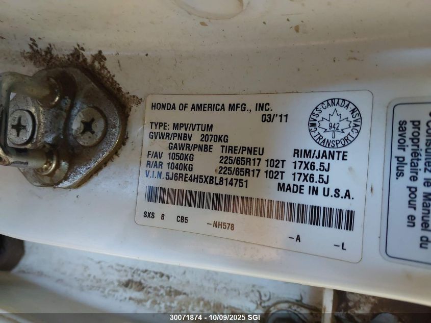 2011 Honda Cr-V Ex VIN: 5J6RE4H5XBL814751 Lot: 30071874