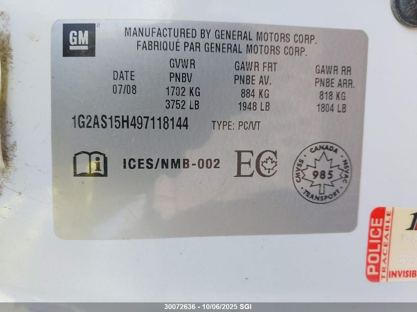 2009 Pontiac G5 Se VIN: 1G2AS15H497118144 Lot: 30072636