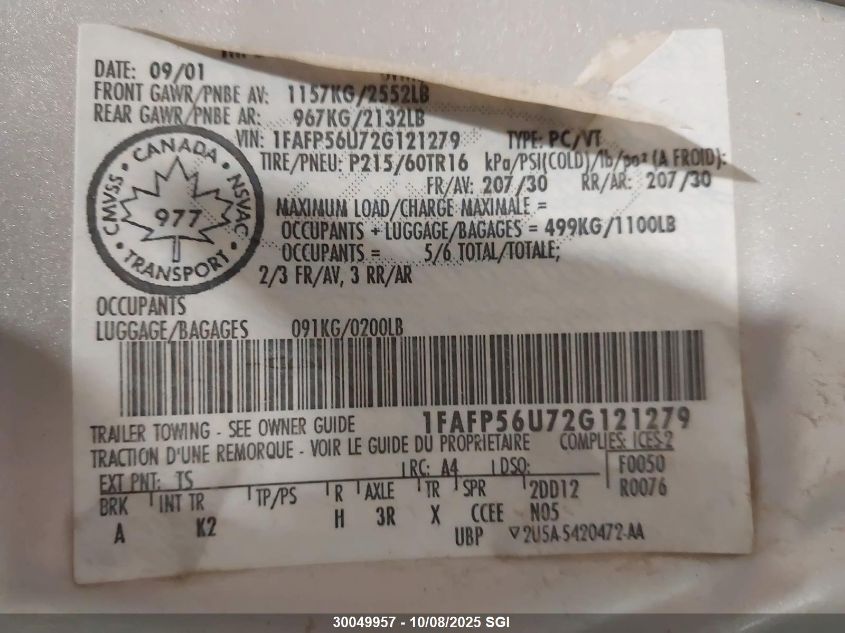 2002 Ford Taurus Sel VIN: 1FAFP56U72G121279 Lot: 30049957