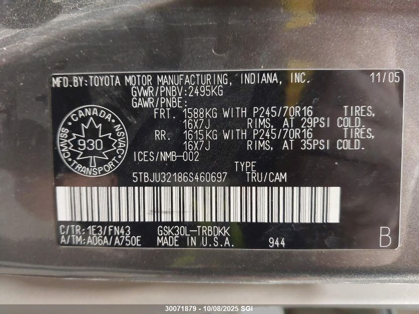 2006 Toyota Tundra VIN: 5TBJU32186S460697 Lot: 30071879