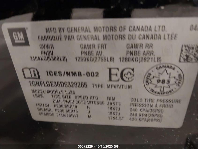 2013 Chevrolet Equinox Ltz VIN: 2GNFLGE36D6328265 Lot: 30072220